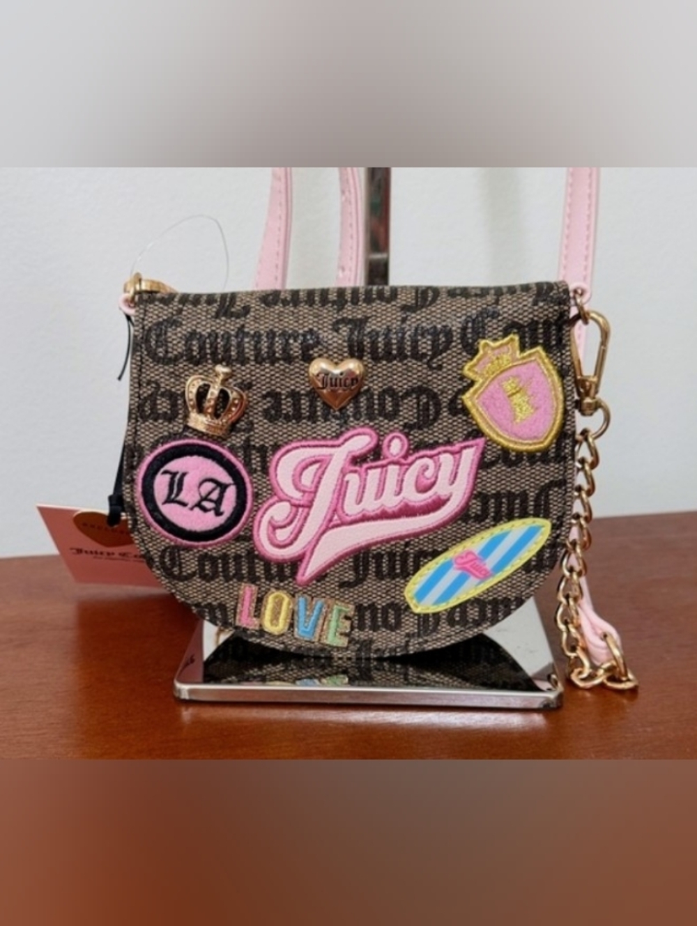 Juicy Couture Brown Logo Crossbody! Pink Appliqué. Long Adjustable Pink Strap!